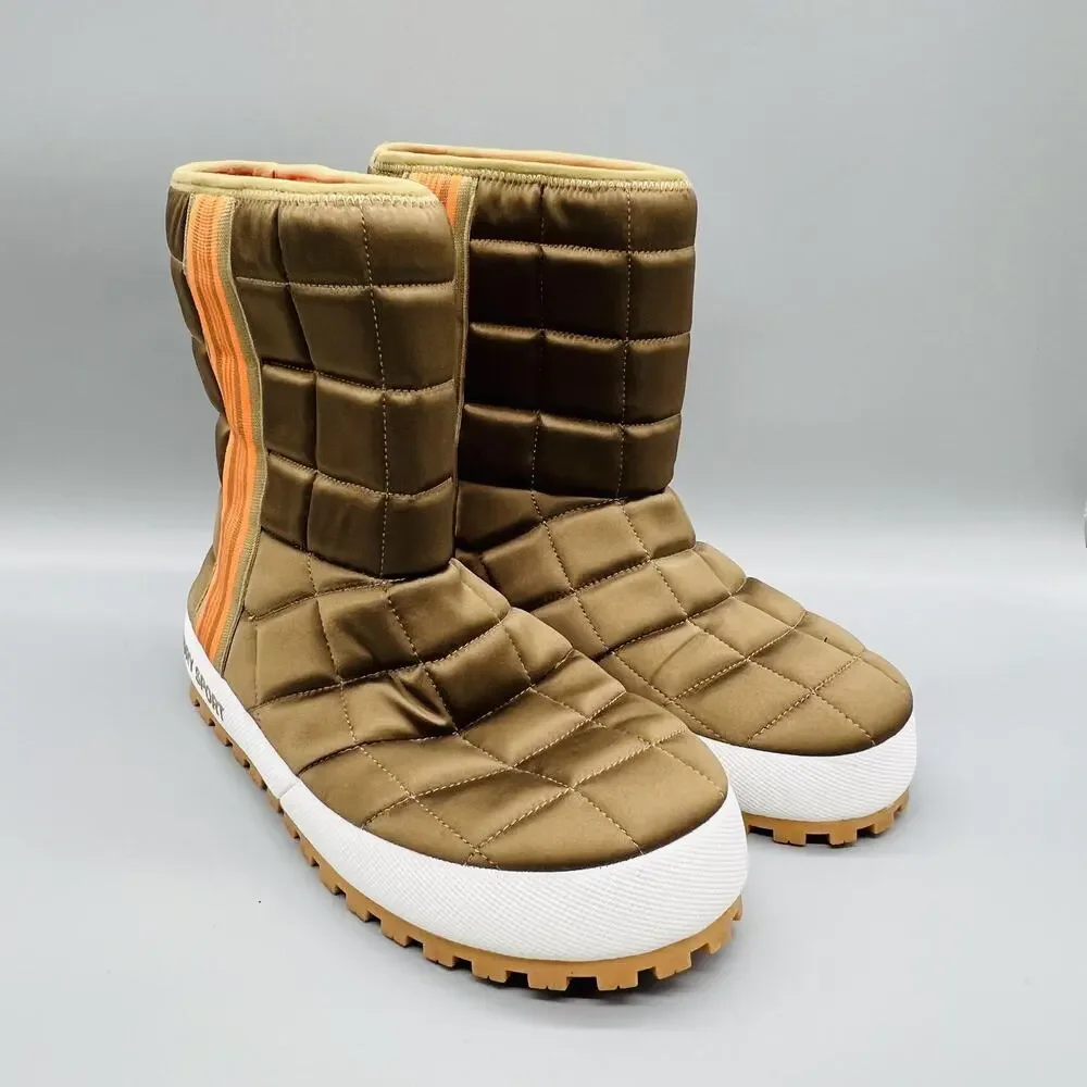 Tory Sport Boots Women 7 Brown Quilted Puffer Mid Calf Pull On Winter Snow Shoes